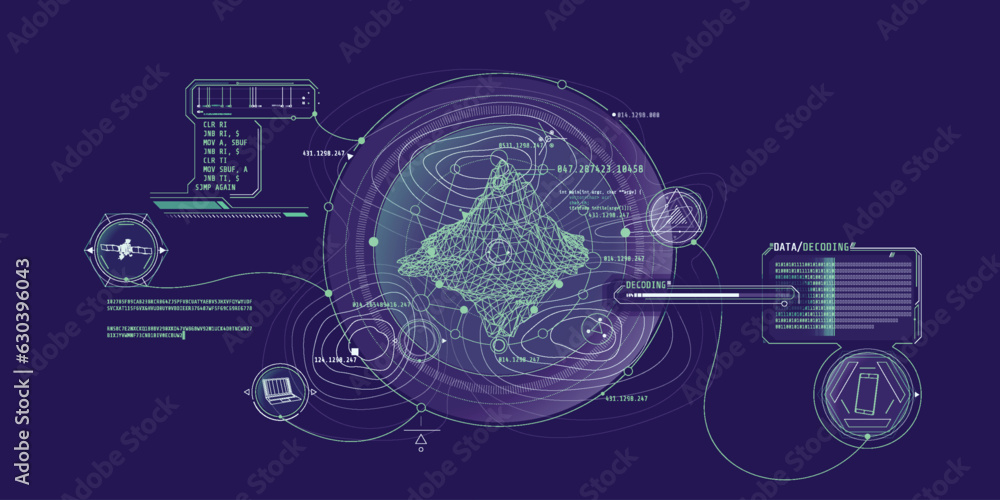 Futuristic geoscience HUD interface design with data decoding. Futuristic geoscience HUD interface design with data decoding.