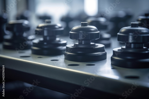 Close-up of rubber vibration isolators in a mechanical assembly with blurred industrial background