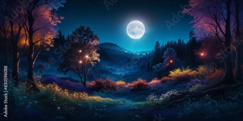 Enchanted Mountain Forest: Wallpaper of a Landscape with Silhouetted Trees and Mountains, a Grand Moon and Fireflies © Anisgott