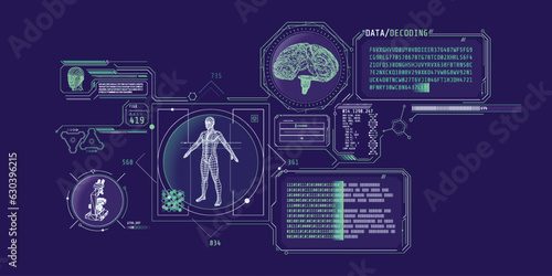 Futuristic brain research program interface with data decoding.