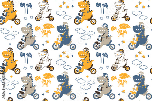 Baby seamless pattern with cute dinosaurs riding bike. Creative vector childish background for fabric, textile, nursery wallpaper. Vector Illustration.