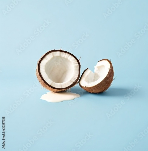 Cracked coconut with milk on blue background, copy space 