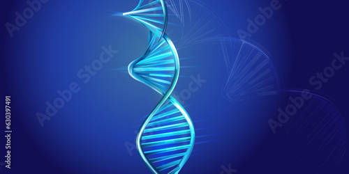 DNA spiral model on a blue background.