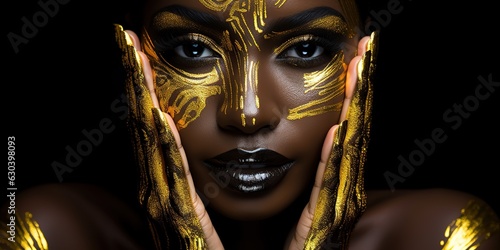 Beauty woman black skin color body art, gold makeup lips eyelids, fingertips nails in gold color paint.