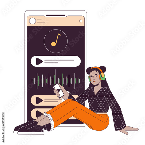 Listening to music on smartphone flat line concept vector spot illustration. Woman sitting in headphones 2D cartoon outline character on white for web UI design. Editable isolated color hero image