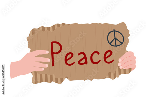 Hands hold a piece of cardboard with the inscription "peace". The concept of humanism, humanity, the absence of war. Vector over white background. 