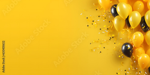 Festive banner with balloons on yellow blank background, party decoration with copy space area, panoramic holiday background  photo