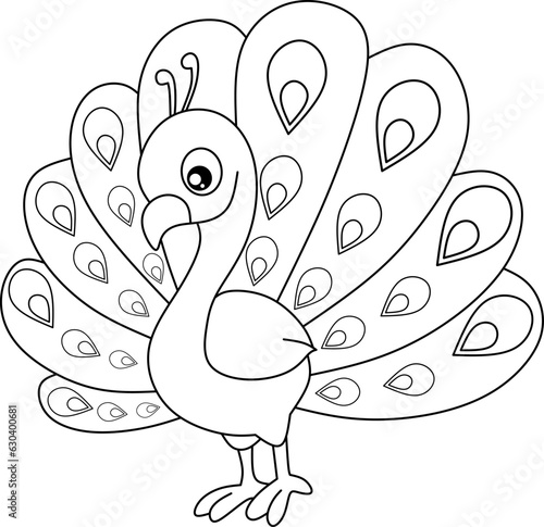 Peacock cartoon bird for coloring book page 