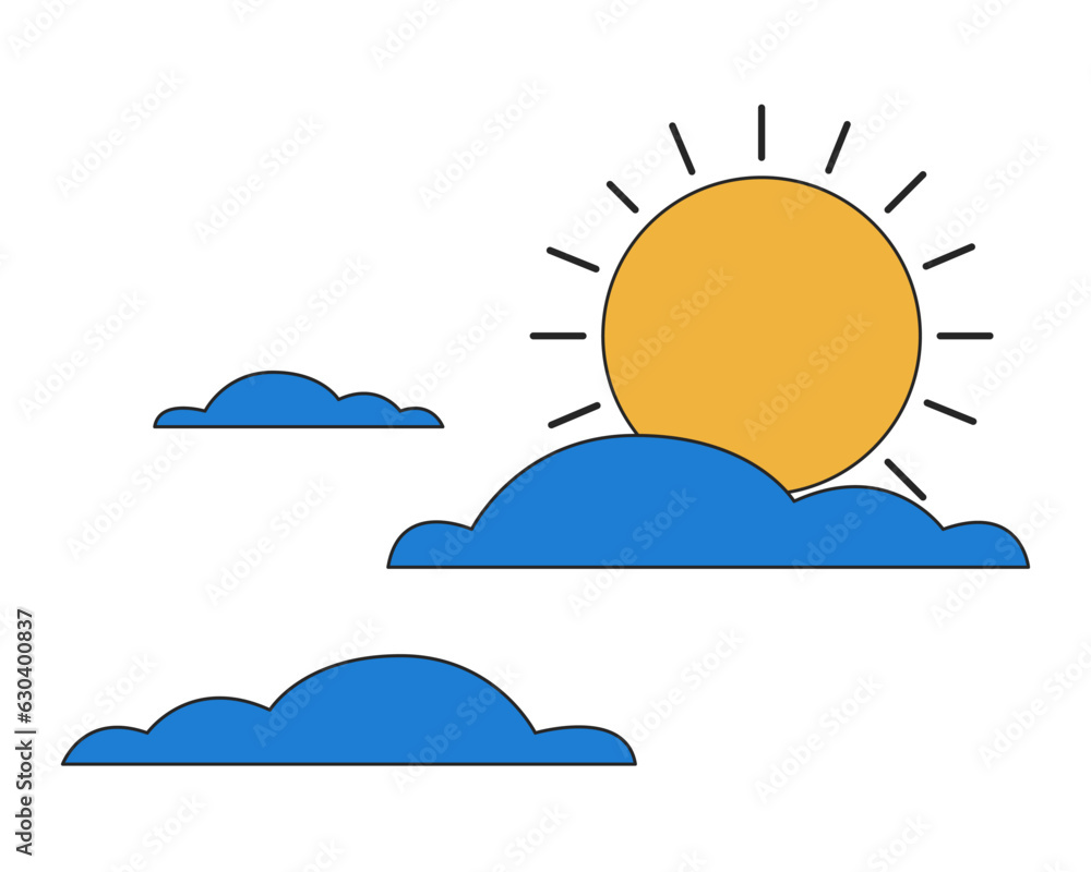 Rising sun clouds flat line color isolated conceptual clipart. Weather forecast. Cloudy summer. Editable vector object on white background. Simple outline cartoon spot illustration for web design Rising sun clouds flat line color isolated conceptual clipart. Weather forecast. Cloudy summer. Editable vector object on white background. Simple outline cartoon spot illustration for web design