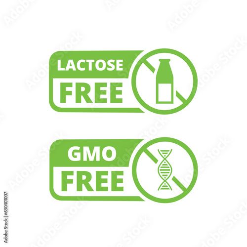 Icono de etiquetas sin lactosa y sin GMO de color verde. Vector