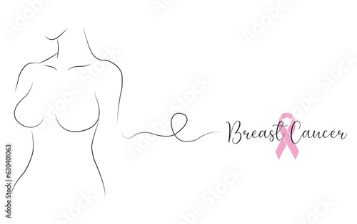 Icono de ilustración de un torso de mujer junto a un lazo rosa sobre un fondo blanco liso y aislado. Vista de frente y de cerca. Concepto: Cáncer de mama photo