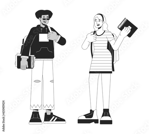 Diverse college students bw vector spot illustration. University students talk 2D cartoon flat line monochromatic characters for web UI design. College campus life editable isolated outline hero image