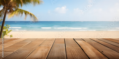 wide -wooden deck on beach background  perfect display for showcasing your products - high-quality photo