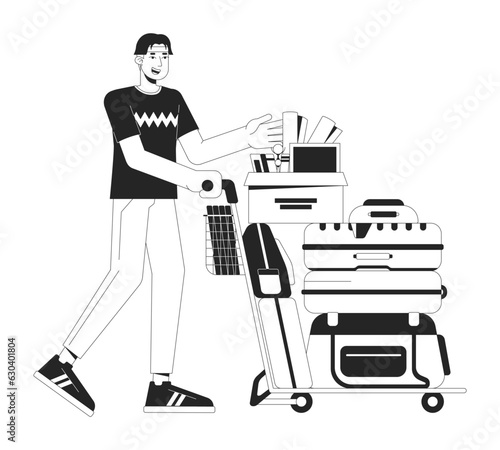 College freshman with belongings bw vector spot illustration. College kid with bags 2D cartoon flat line monochromatic character for web UI design. Moving to dorm editable isolated outline hero image