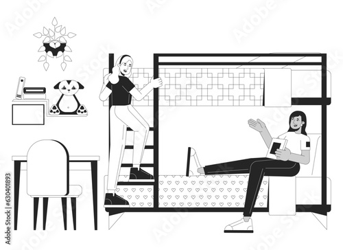 Girls dormitory bw vector spot illustration. Dorm room girls diverse 2D cartoon flat line monochromatic characters for web UI design. Female roommates talking editable isolated outline hero image