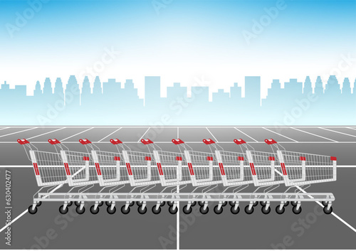 Shopping Cart or Shopping Trolley in  Parking Lot of Supermarket. Shopping Concept. Vector Illustration. 