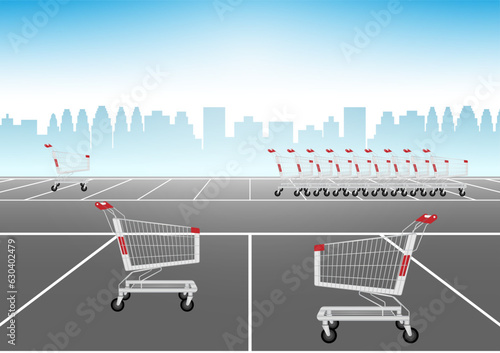 Shopping Cart or Shopping Trolley in  Parking Lot of Supermarket. Shopping Concept. Vector Illustration. 