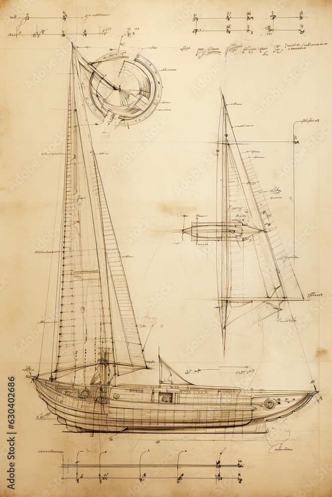 Sailing boat sketch. Technical drawing. Nautical poster artwork design. Generative Ai Sailing boat sketch. Technical drawing. Nautical poster artwork design. Generative Ai