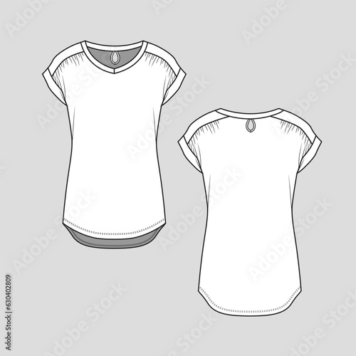 Women Fold up Shoulder Gathering detail Key Hole back dip hem kimono sleeve high low bottom hem V Neck Rolled Up Fashion Top T shirt Blouse Cad Flat Sketch technical drawing template design vector
