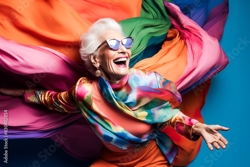 Senior older grandmother in fashionable look action take pictures with colorful flowing cloth.happiness and lifestyle.generative ai technology