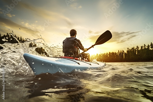Rear view of man riding kayak in river at sunset.