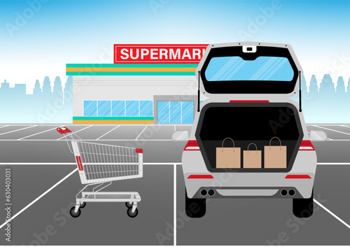 Shopping Bags in Car trunk at Parking Lot. Shopping in Supermarket or Convenience Store. Shopping Concept. Vector Illustration. 
