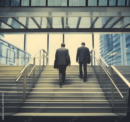Two businessmen walking up stairs. Successful carrier, financial improvements, business competitors concept