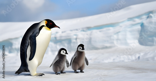 Dad or mom and baby penguins. Father love  bond and parenting concept.