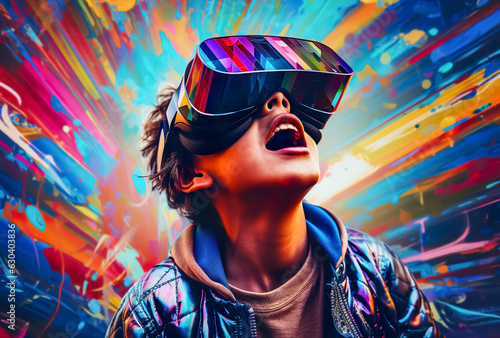 Child,kid wearing virtual reality VR headset with excited enjoying mood.innovation device for learning or imagination.generative ai technology photo