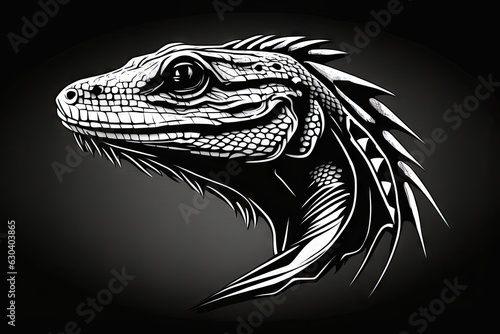 Lizard head in black and white colors on a black background