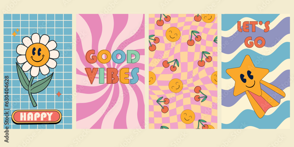 Groovy hippie 70s posters. Funny cartoon flower, rainbow, love, daisy etc. Vector cards in trendy retro psychedelic cartoon style. Vector stock backgrounds. Flower power. Good vibes. Vector