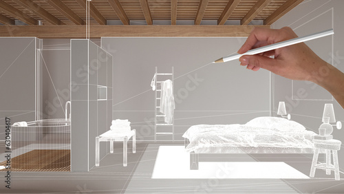 Empty white interior with wooden parquet floor, hand drawing custom architecture design, white ink sketch, blueprint showing japandi minimal bathroom and bedroom