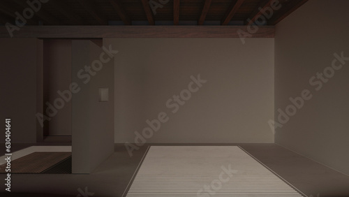 Dark late evening scene  empty room interior design  open space with resin floor  wooden beams ceiling and partition wall  modern japandi architecture concept idea