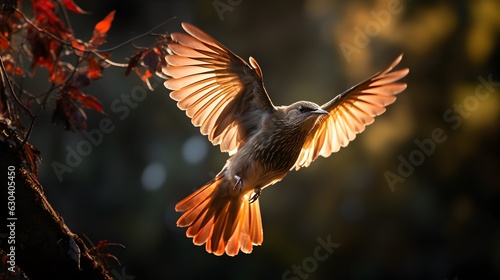 A bird of prey flies through the evening rays of the sun. Generative AI