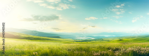 landscape panorama on a meadow among greenery, nature, mountains. Bright sun, grass and flowers. wide format Ai generation