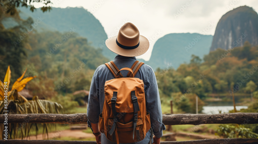 Young traveler wearing a hat with backpack hiking outdoor Travel Lifestyle and Adventure concept - obrazy, fototapety, plakaty 