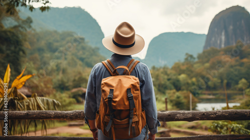 Young traveler wearing a hat with backpack hiking outdoor Travel Lifestyle and Adventure concept