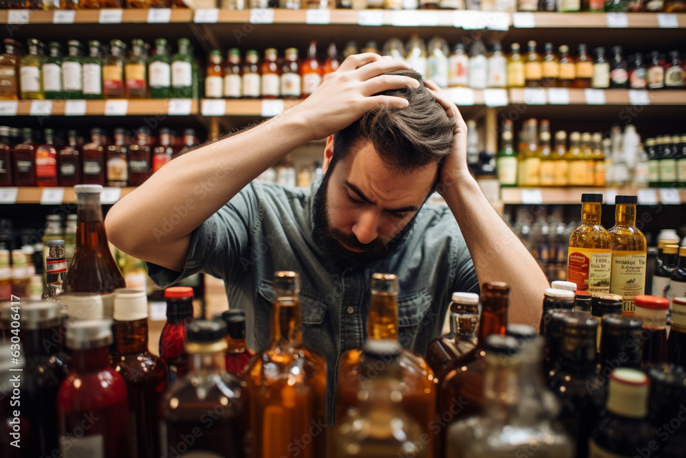 Alchohol abuse. Man in the shop with spirits holding his forehead. depression. High quality photo