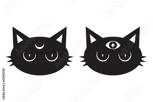 Cat face witch mystic.Animal head isolated in white background.Wiccan esoteric boho kitten.Vector illustration.