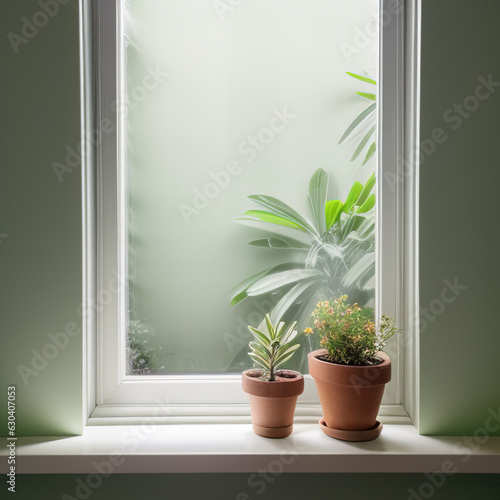 Minimalistic abstract gentle light green background for product presentation with light and intricate shadow from the window and vegetation on wall