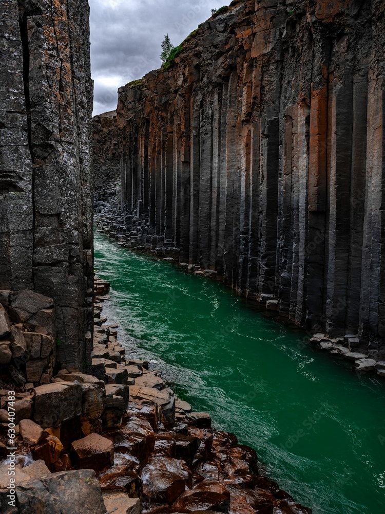 Beautiful shot of a river flowing through the rocky Studlagil Canyon, Iceland