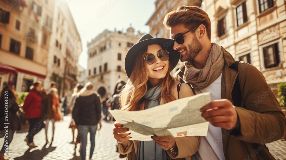 Obraz na płótnie Young couple in Rome. Boyfriend and girlfriend holding city map visiting the beautiful italian city at holiday moment w salonie