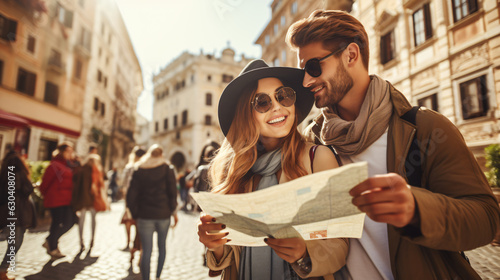 Young couple in Rome. Boyfriend and girlfriend holding city map visiting the beautiful italian city at holiday moment