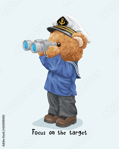 Vector illustration of hand drawn teddy bear in sailor costume with binocular