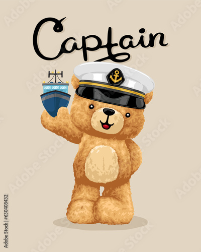 Vector illustration of hand drawn teddy bear wearing sailor hat holding boat toy