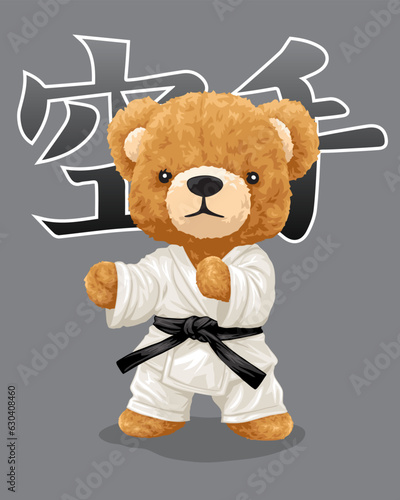 Vector illustration of hand drawn teddy bear in karate uniform