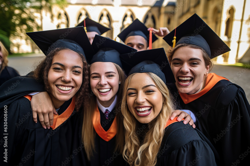 Obraz premium Generative AI portrait of big company of youth young students graduating from collage university together friends