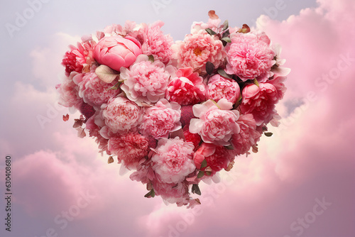 Fototapeta Naklejka Na Ścianę i Meble -  Template collage generative ai surreal bouquet shape love heart pink flowers sympathy wedding decoration isolated over clouds background