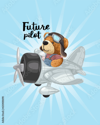 Vector illustration of hand drawn teddy bear on vintage airplane