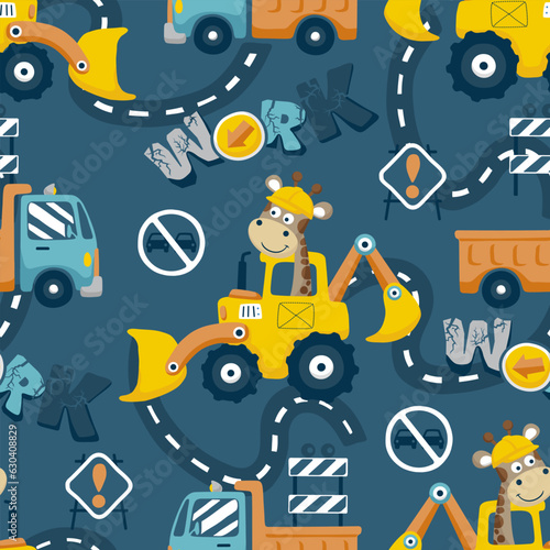 Seamless pattern vector of a funny giraffe driving backhoe loader with construction elements
